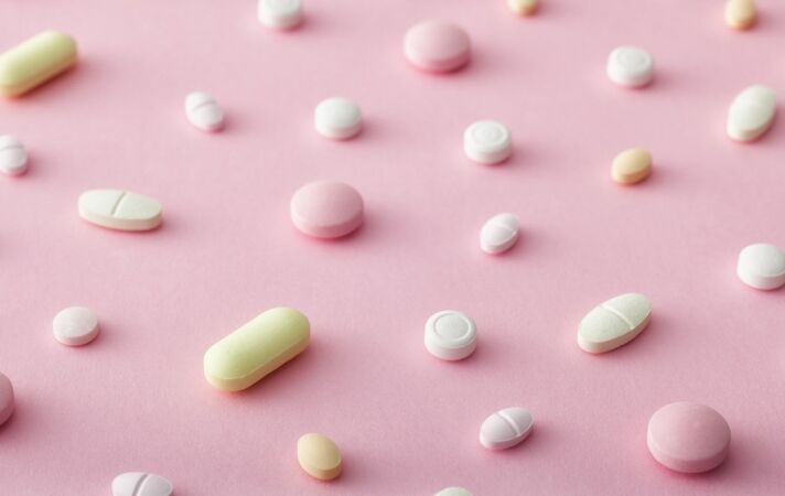 Scattered pills on pink background 800 450