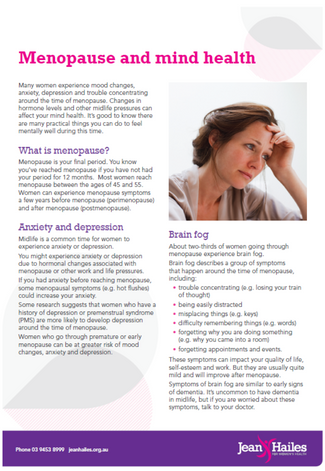 Sample page one of Menopause and mind health fact sheet