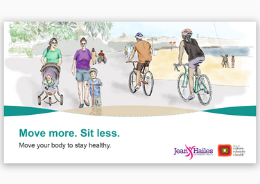 Cover: Move more. Sit less. People exercising & riding