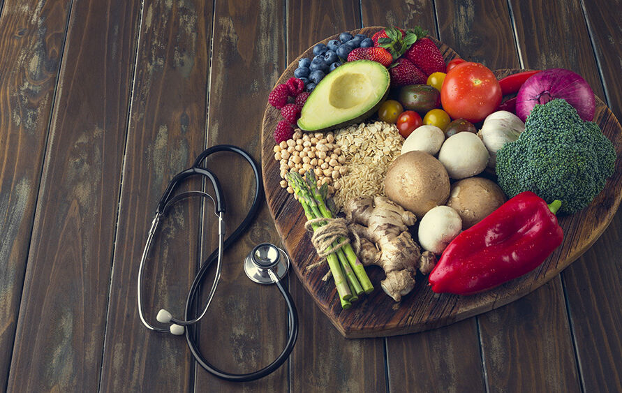 stethoscope w/ fruit & vegetables heart-shaped platter